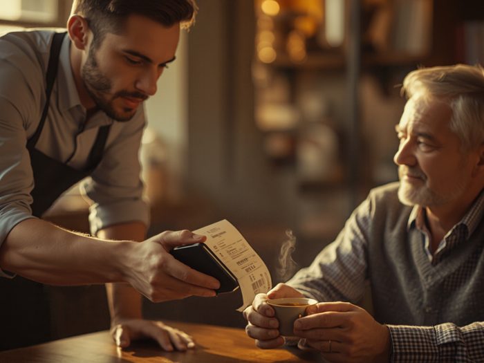 A waiter in a café handing a printed receipt to an older guest